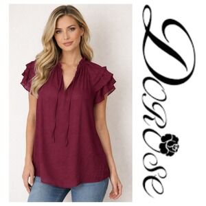 Dorose Burgundy Ruffle Short Flutter Sleeve Tunic Blouse Size 2XL